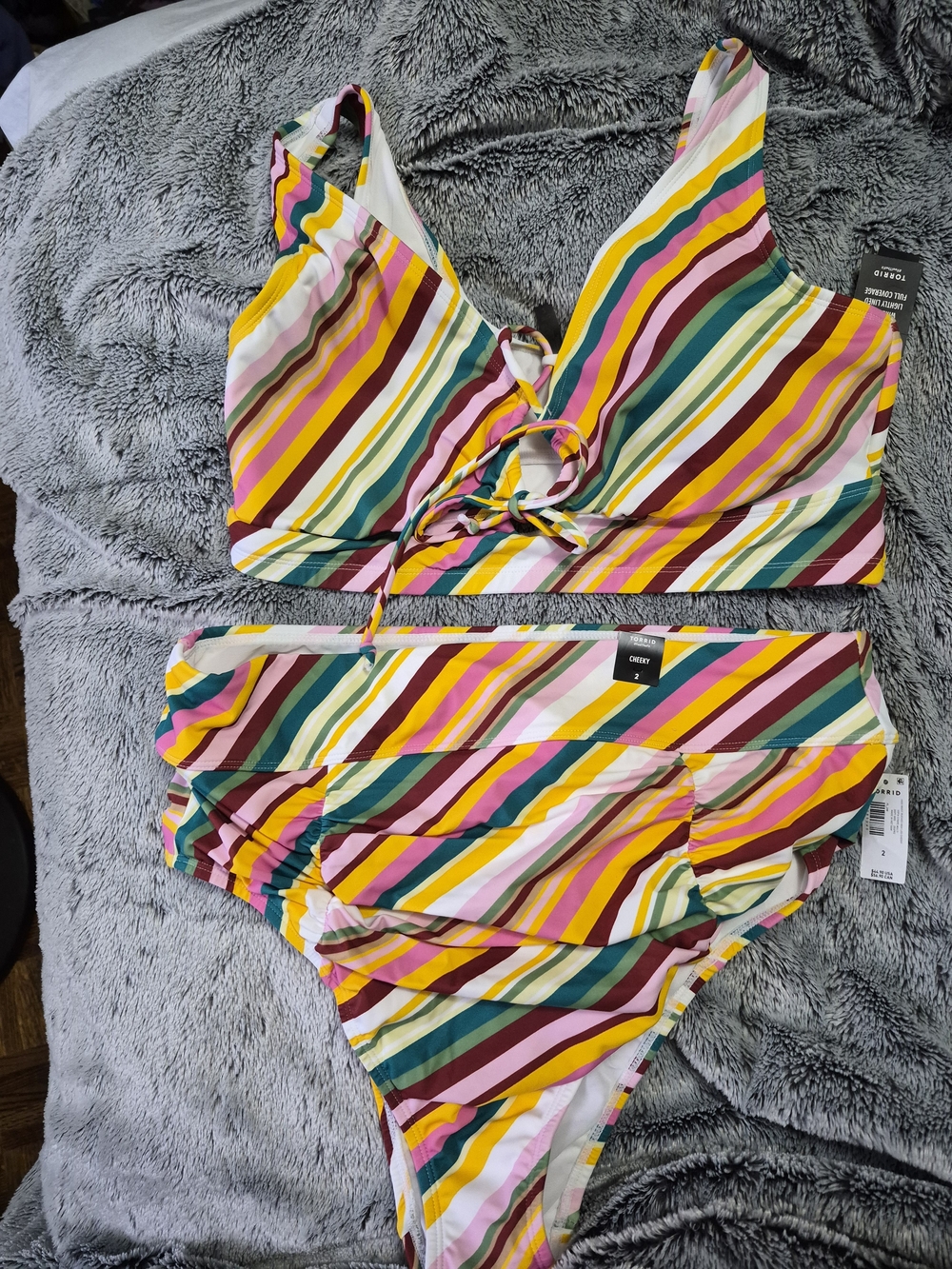 Striped Multi-Color Lace-Up High-Waist Bikini - Pink/Yellow/Green